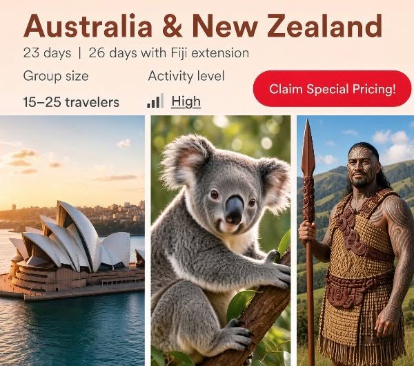 Promotional banner for Australia & New Zealand tour: Sydney Opera House, a koala, and a Maori warrior, with trip details and a 'Claim Special Pricing' button.