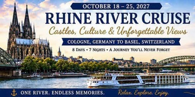 Rhine River Cruise banner: Oct 18–25, 2027, Cologne to Basel, 8 days/7 nights, castles, culture and unforgettable views along the Rhine.